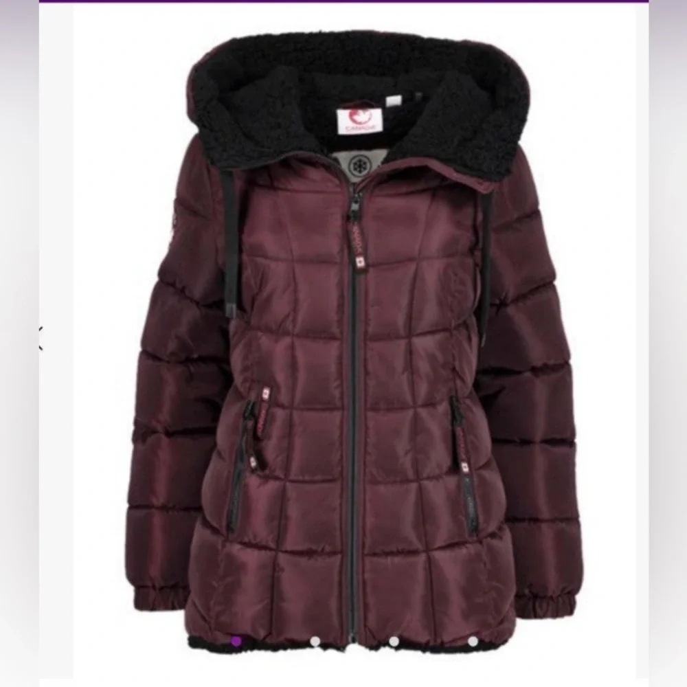 CANADA Weather‎ Gear - women’s Sherpa lined Puffer hooded Coat Burgundy/ black L